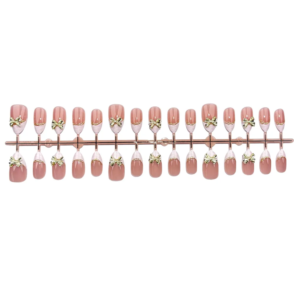 Nailhour 30Pcs Bow Gilded 3D Medium Almond French Press On Nails
