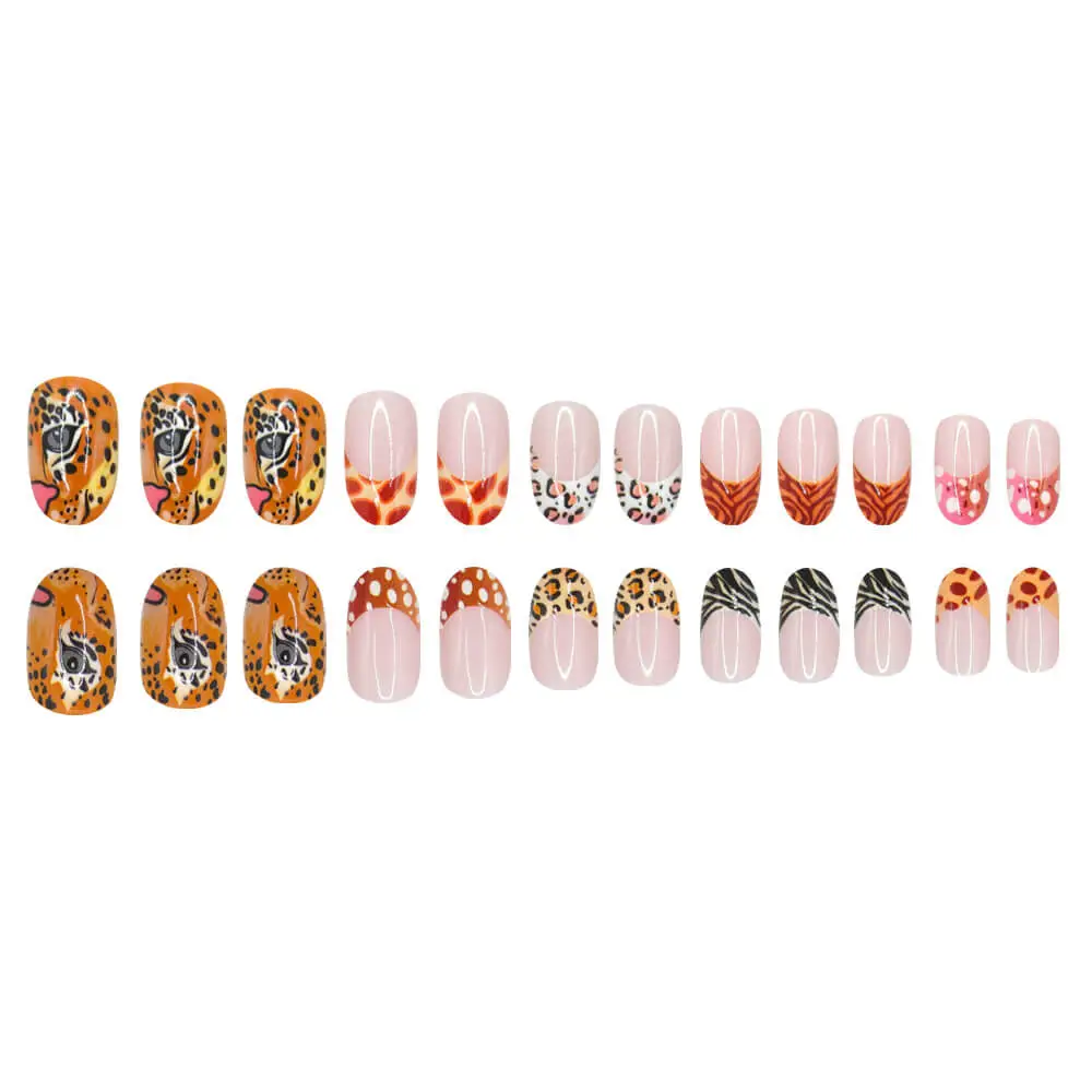 Nailhour 24Pcs Halloween Short Oval Leopard Print French Press On Nails