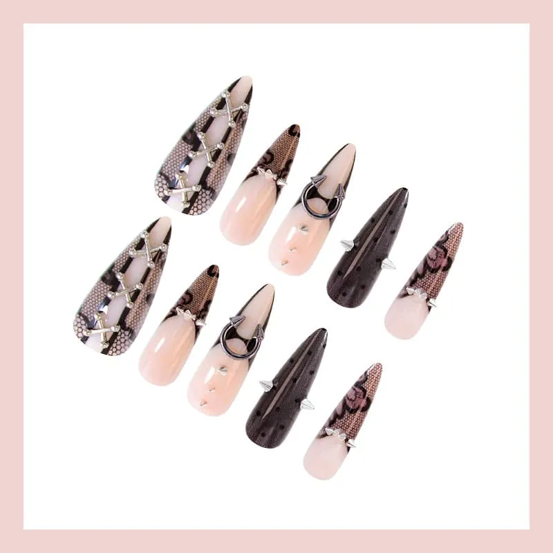 Nailhour 24Pcs Black 3D Gothic Gilded Long Stiletto Press On Nails