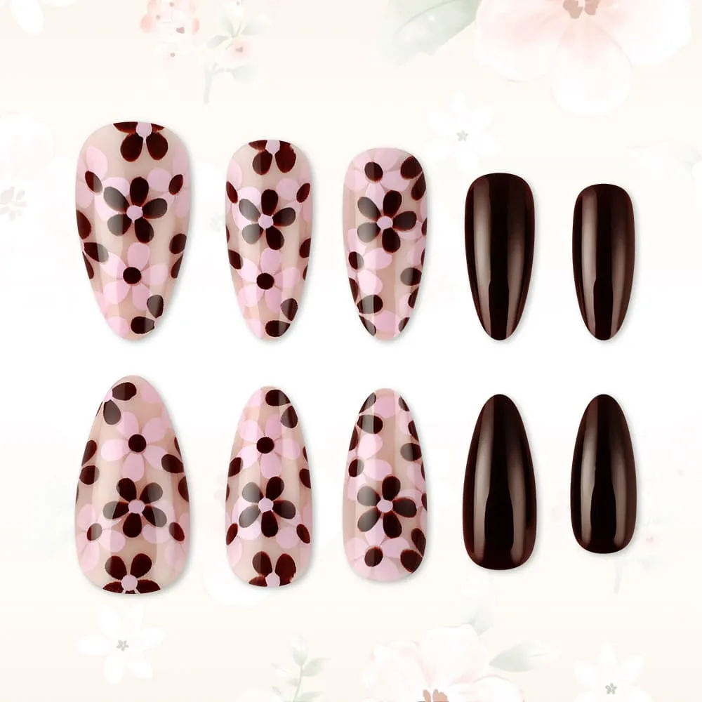 Nailhour 24Pcs Autumn Vintage Floral Short Almond Press On Nails