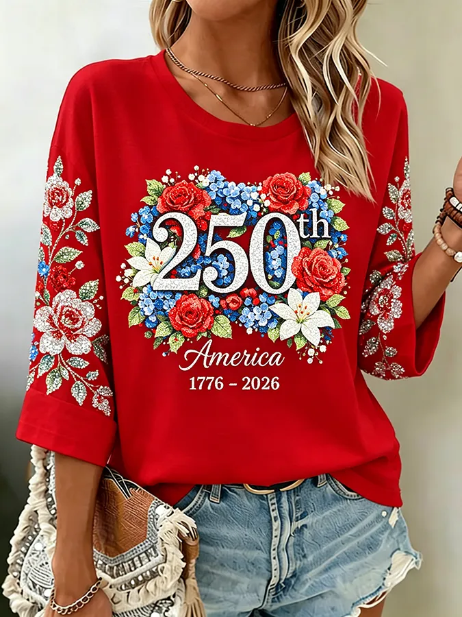 Women's America 250th Floral Glitter Print Casual Top