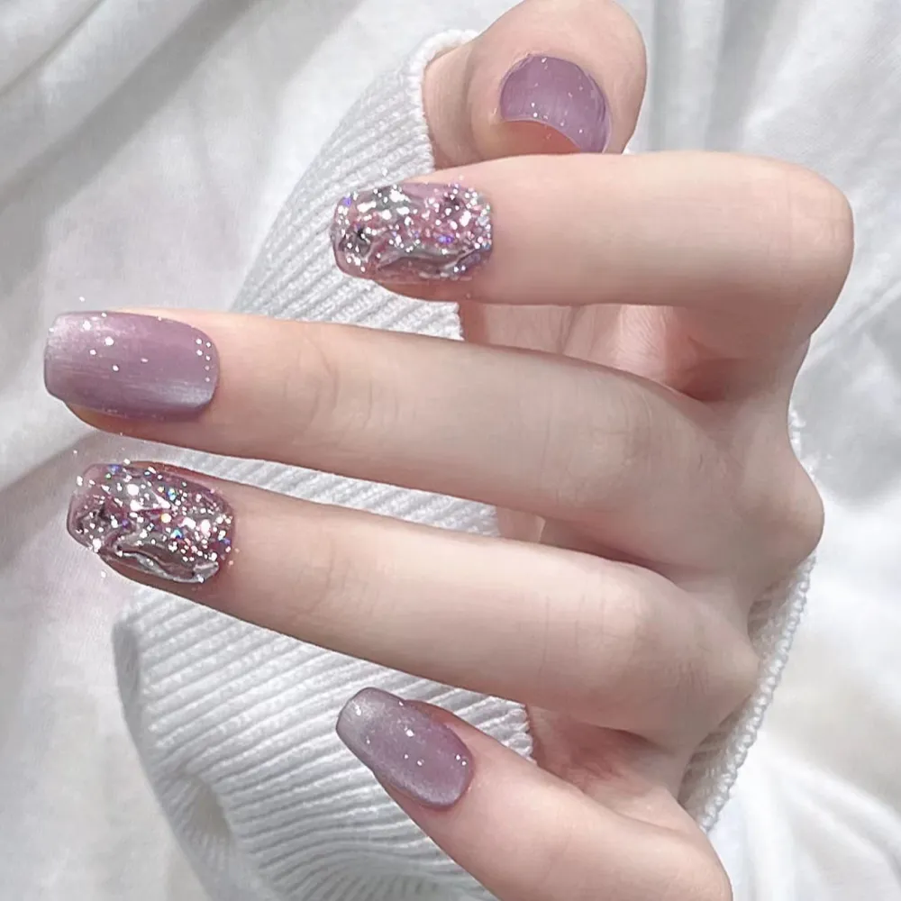 Nailhour 10Pcs Daily Cat Eye French Glitter Purple Short Square Press On Nails