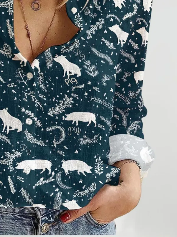 Cute Pig Print Long Sleeve Shirt