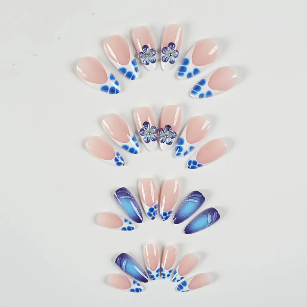 Nailhour 24Pcs Blue Cat Eye Medium Almond Press On Nails
