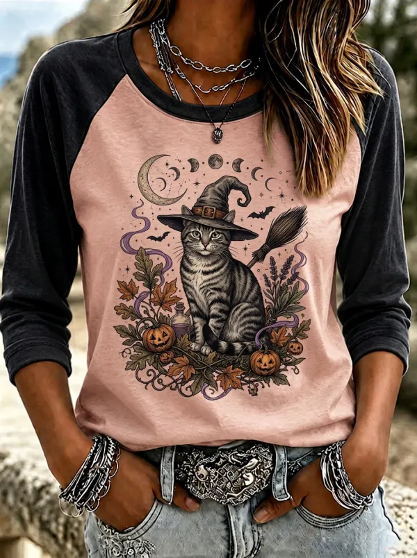 Women's Halloween Witch Cat Pumpkin Printed Raglan T-shirt