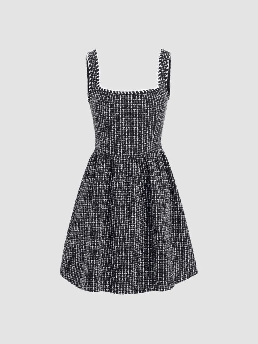 Tweed U-Neckline Solid Mini Dress