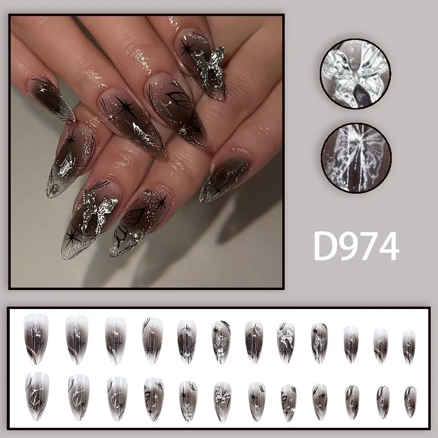 Nailhour Black Gothic 24Pcs Long 3D Butterfly Press On Nails