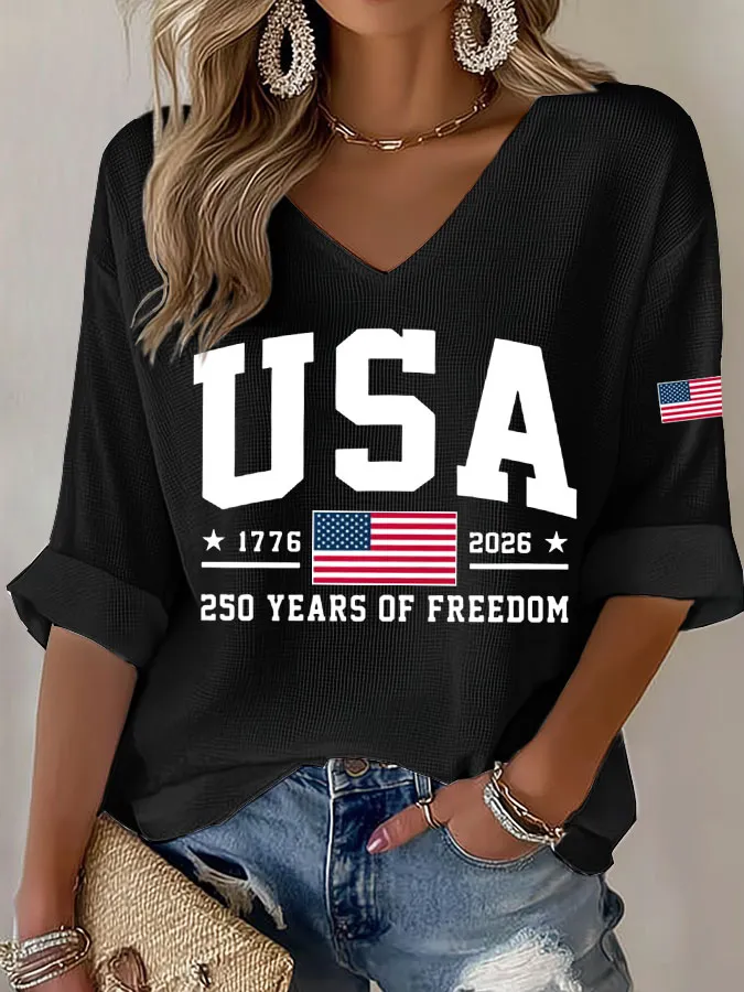Women'S America Flag Print Waffle T-Shirt
