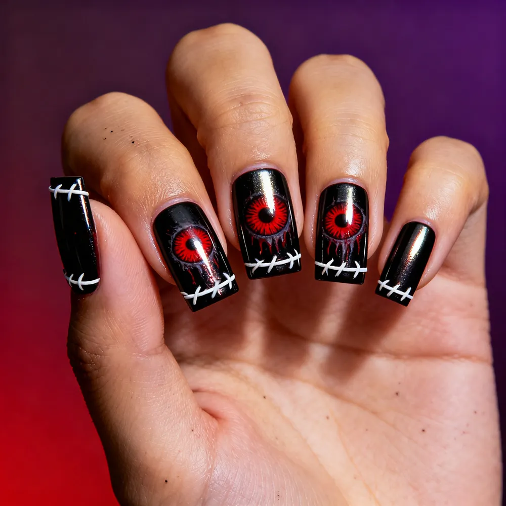 Nailhour 24Pcs Red Eyes Gothic Halloween Press On Nails