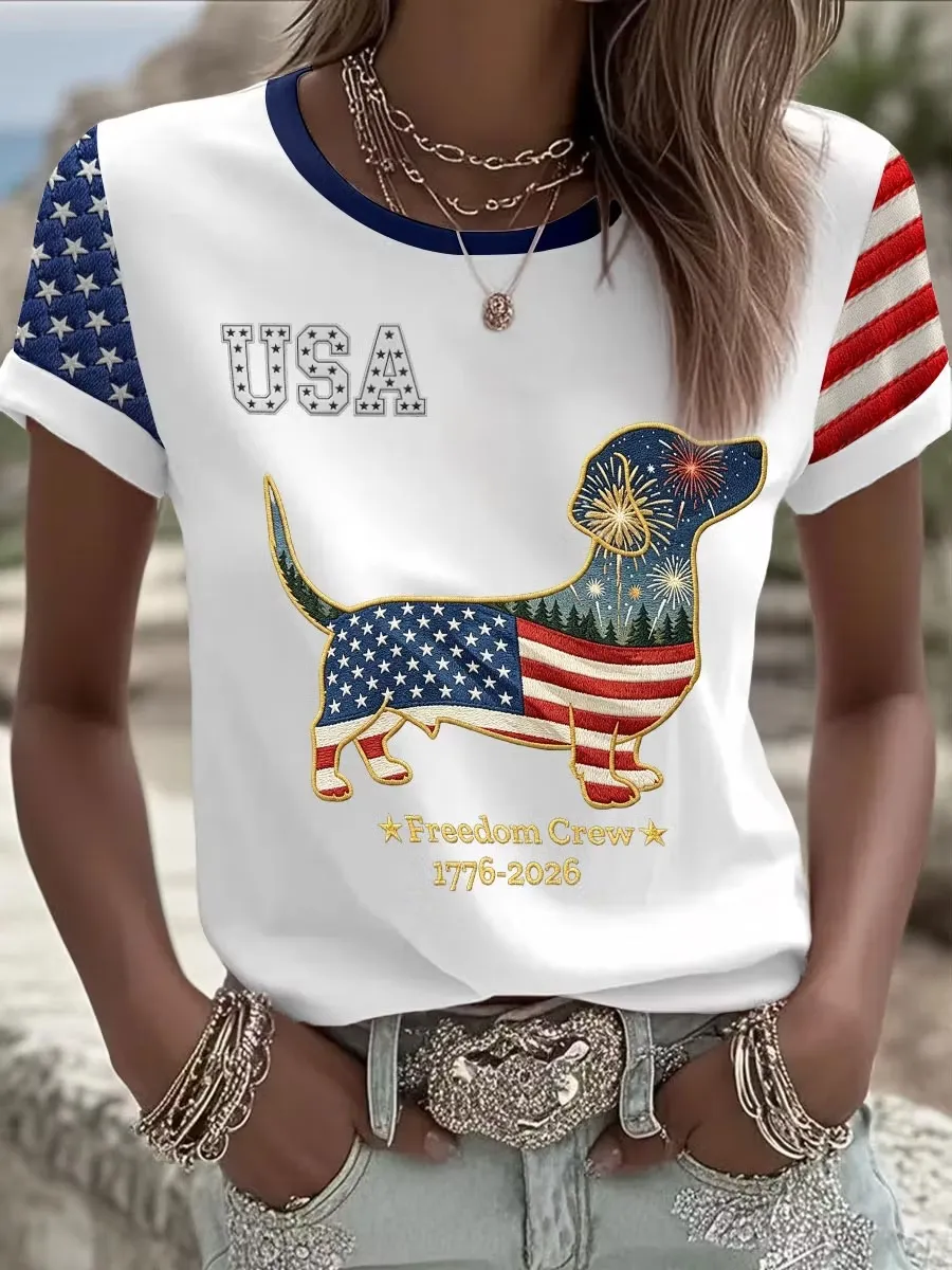 American Women'S Leisure 250Th Anniversary Celebration Dog Personalized Printed Round Neck T-Shirt