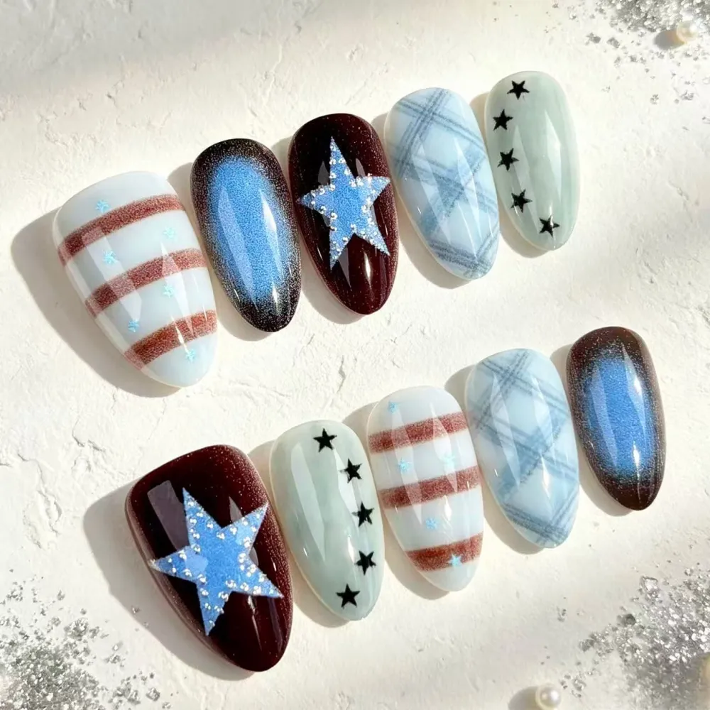 Nailhour 30Pcs Y2K Blue Vintage Short Almond Press On Nails