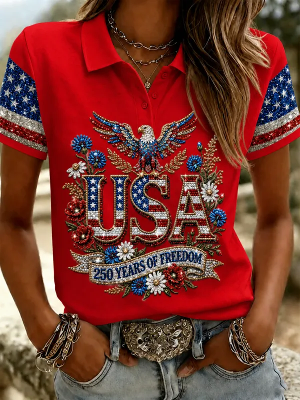 Women'S Casual American Independence Day Printed Polo Shirt Short Sleeved