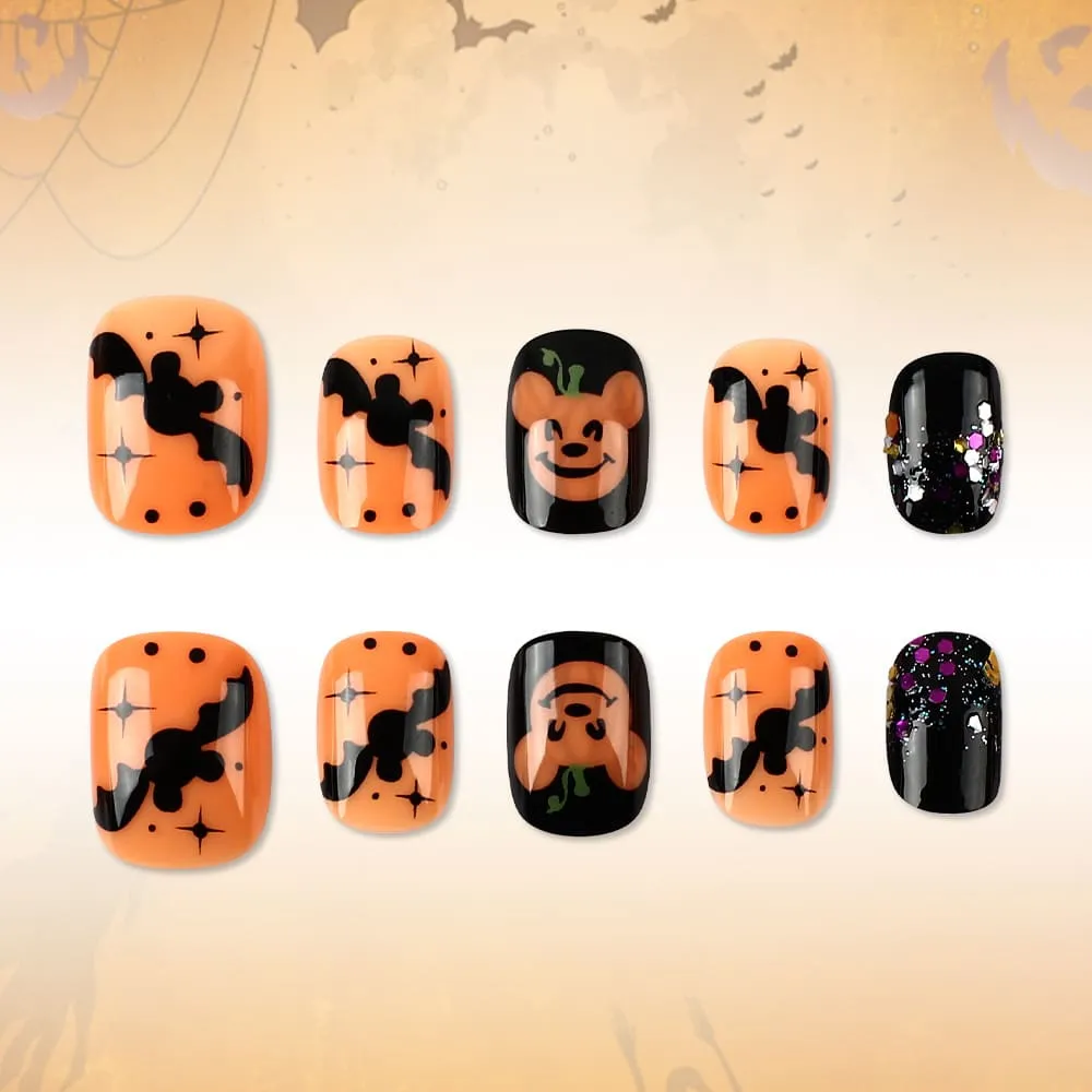 Nailhour 24Pcs Glossy Black And Orange Spider Ghost Halloween Short Squoval Press On Nails