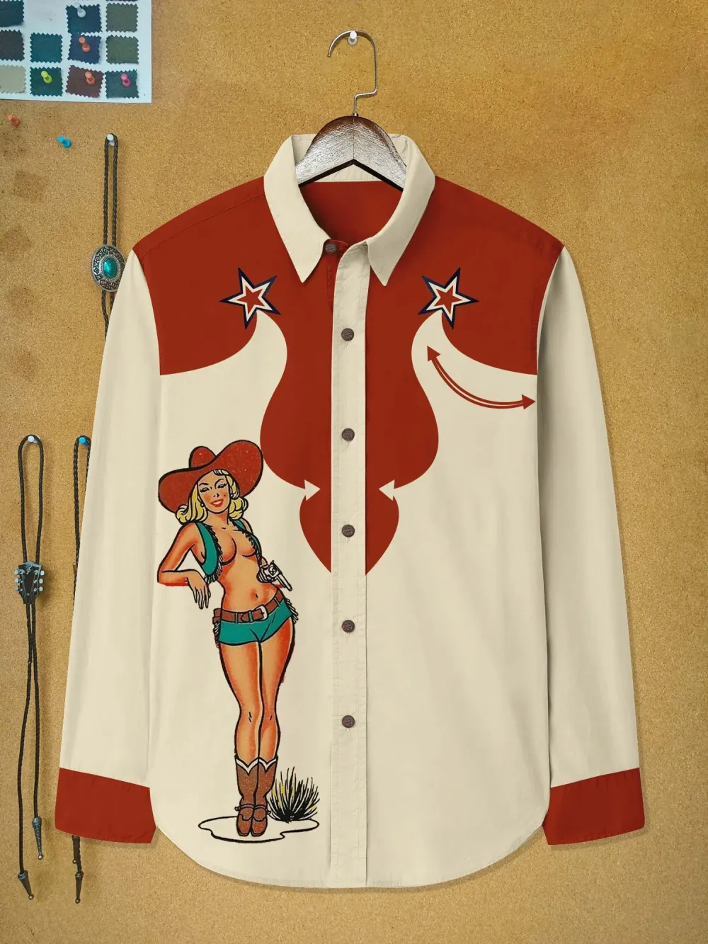 Western Cowgirl Printed Hawaiian Shirt For Men Button-down Shirt Long Sleeve 100% Cotton Shirt