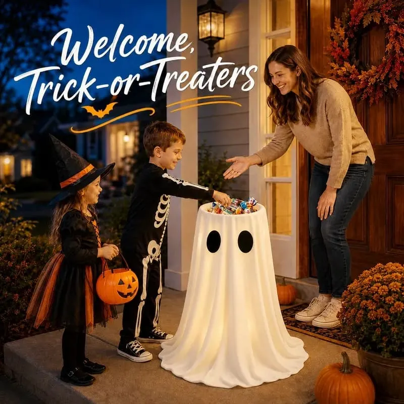 Halloween Glowing Ghost Candy Holder Bowl Festive Decor with String Lights