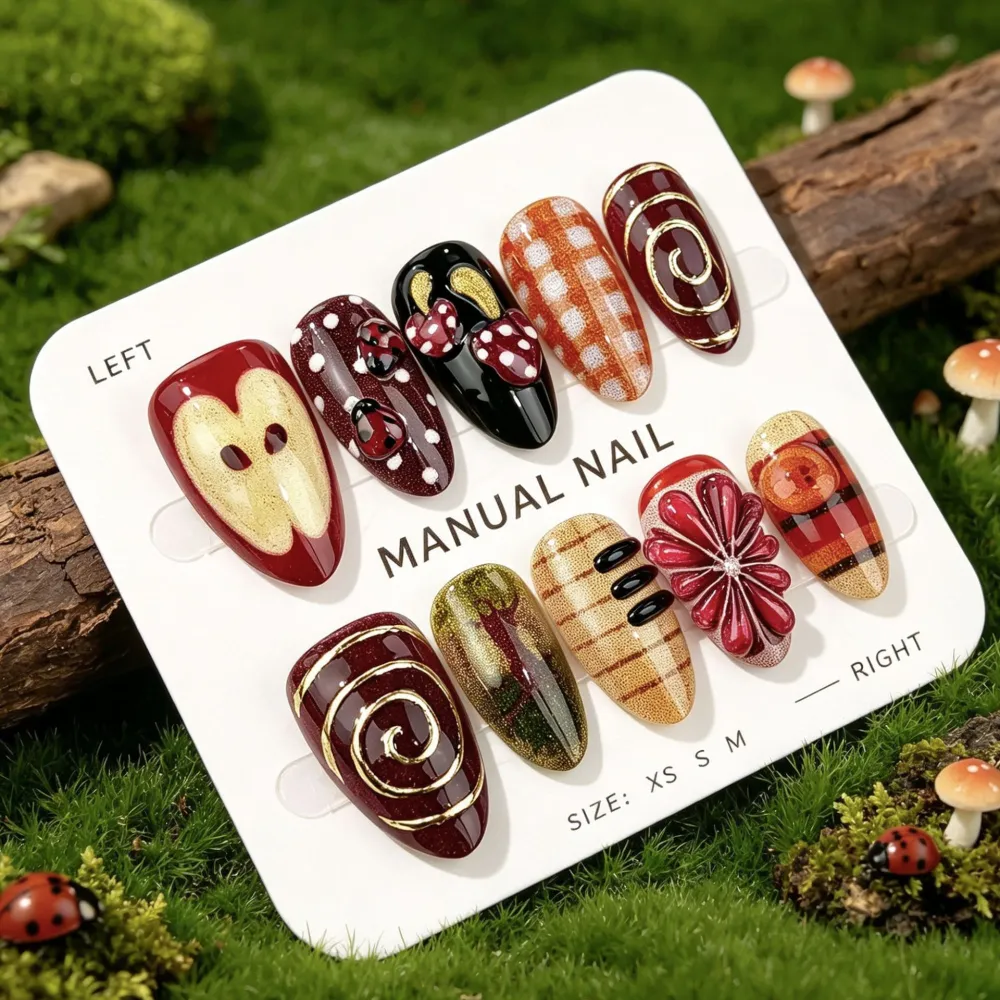 Nailhour 30Pcs 3D Short Almond French Floral Press On Nails