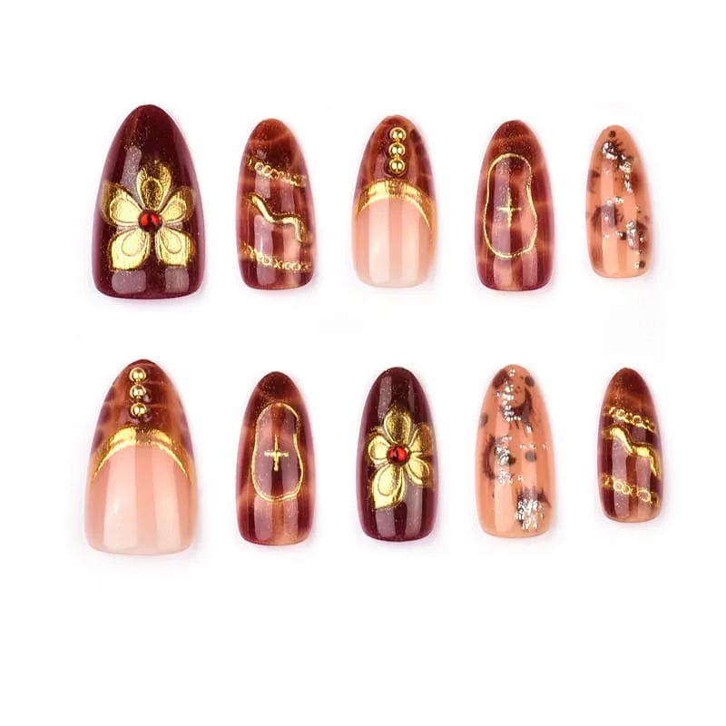 Nailhour 30Pcs Autumn/Winter Floral 3D Medium Almond French Press On Nails