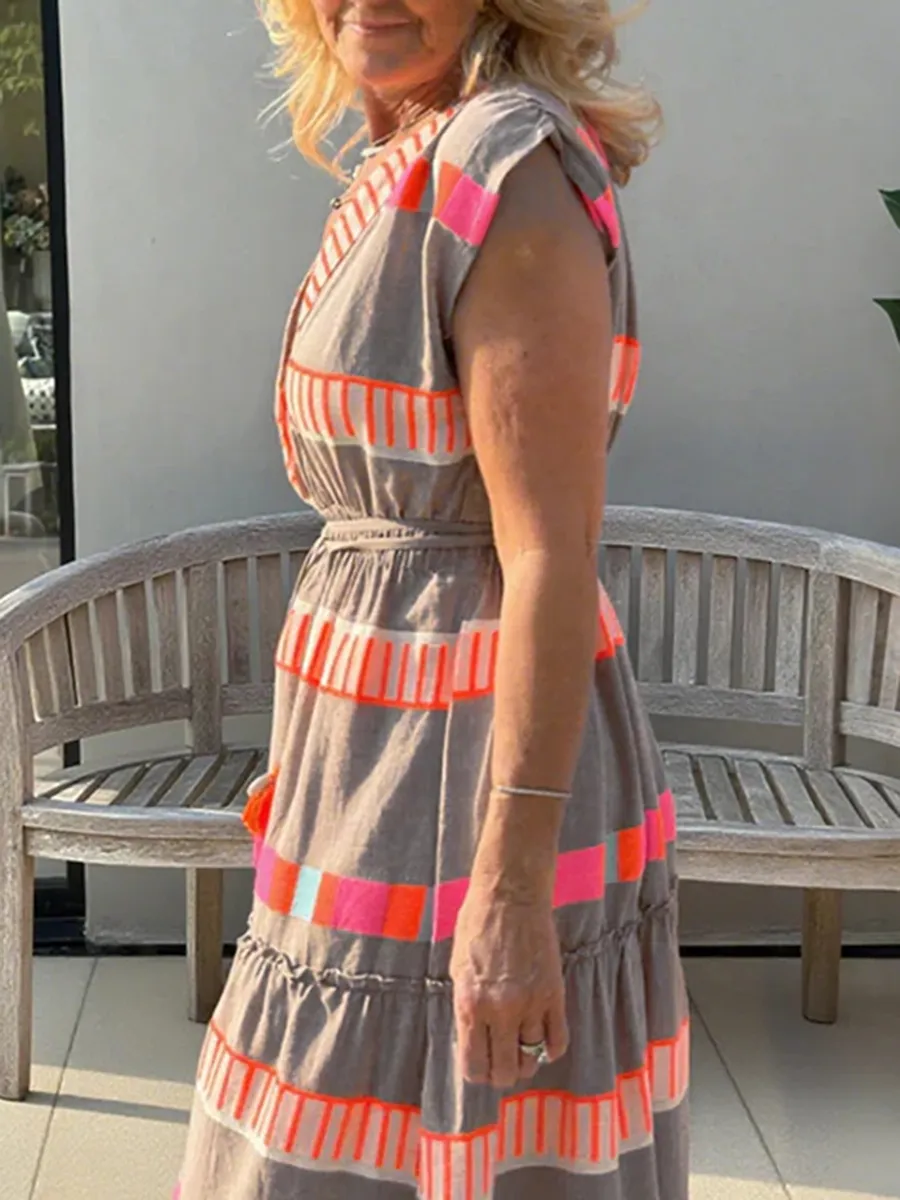 🔥Hot Sale 💕Women's Loose V-Neck Vintage Stripe Pattern Sleeveless Dress