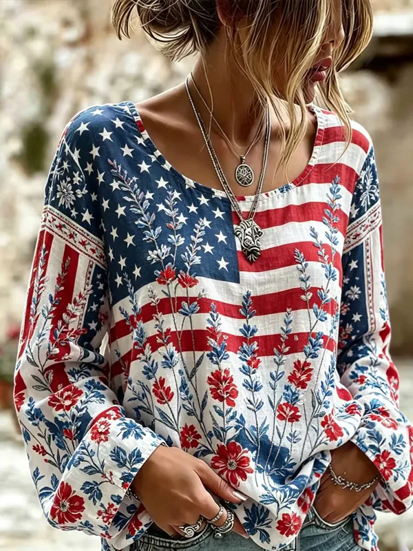 Women'S America Flag Printed Casual Cotton And Linen Top