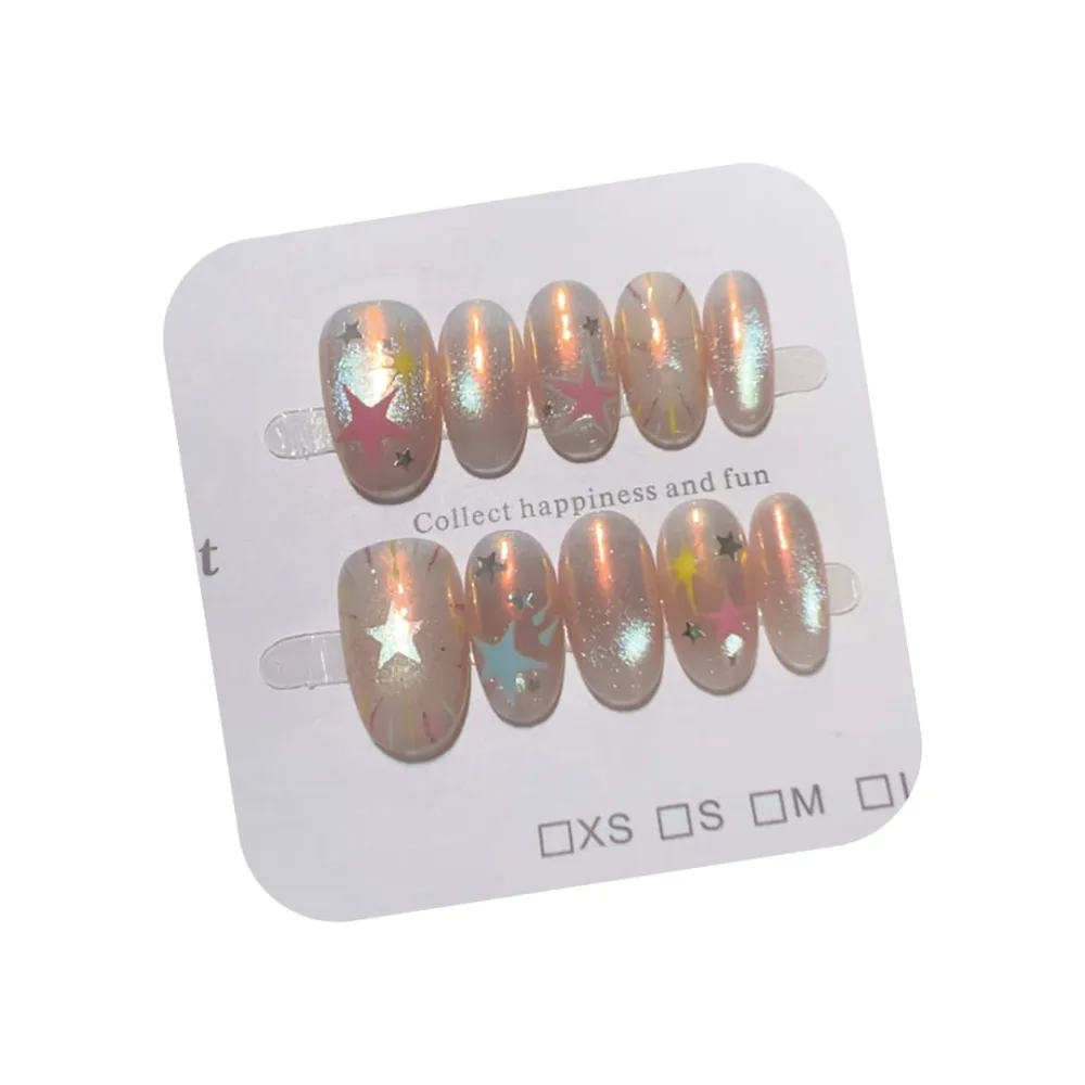 Nailhour 10Pcs French Cat Eye Macaron Color Blocking Medium Oval Press On Nails