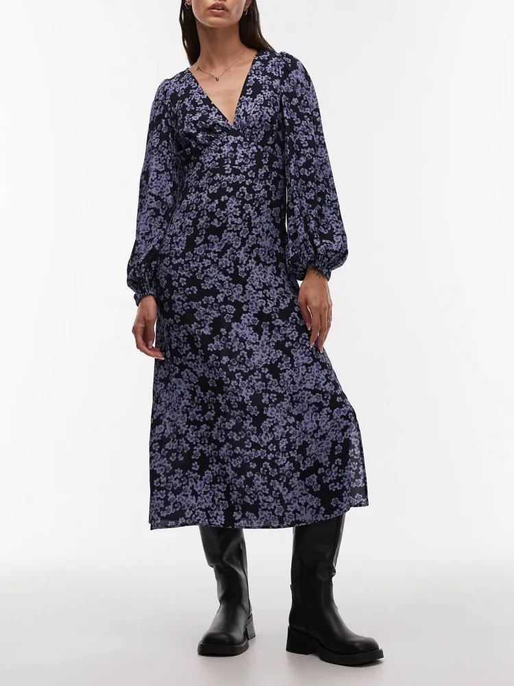 Side Slit Floral V-Neck Dress