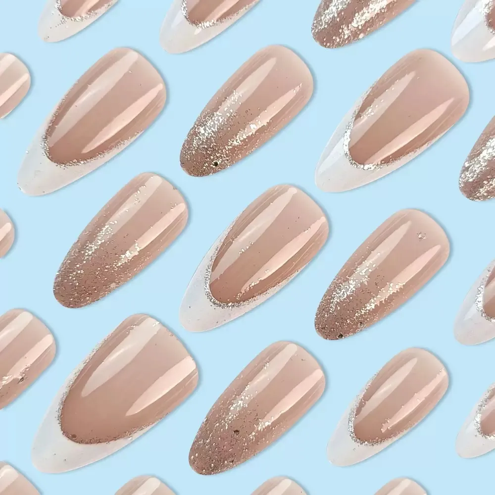 Nailhour Minimalist 24Pcs Glitter Nude Wedding Party Press On Nails