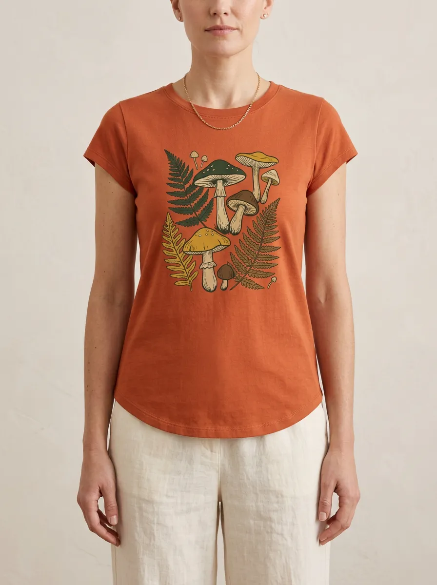 Relaxed Mushroom Fern Printed Women's Graphic T-Shirt