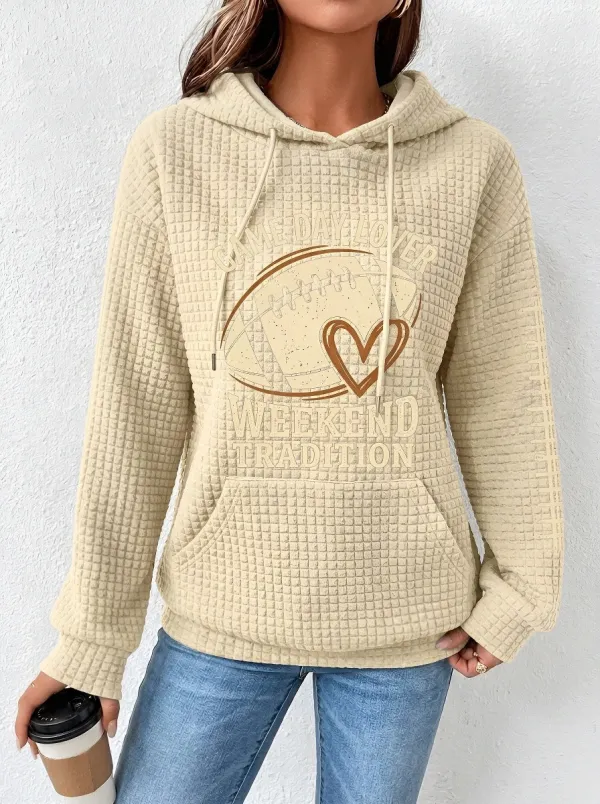 Women's Everyday Football Game Day Lover Heart Printed Waffle Hoodie