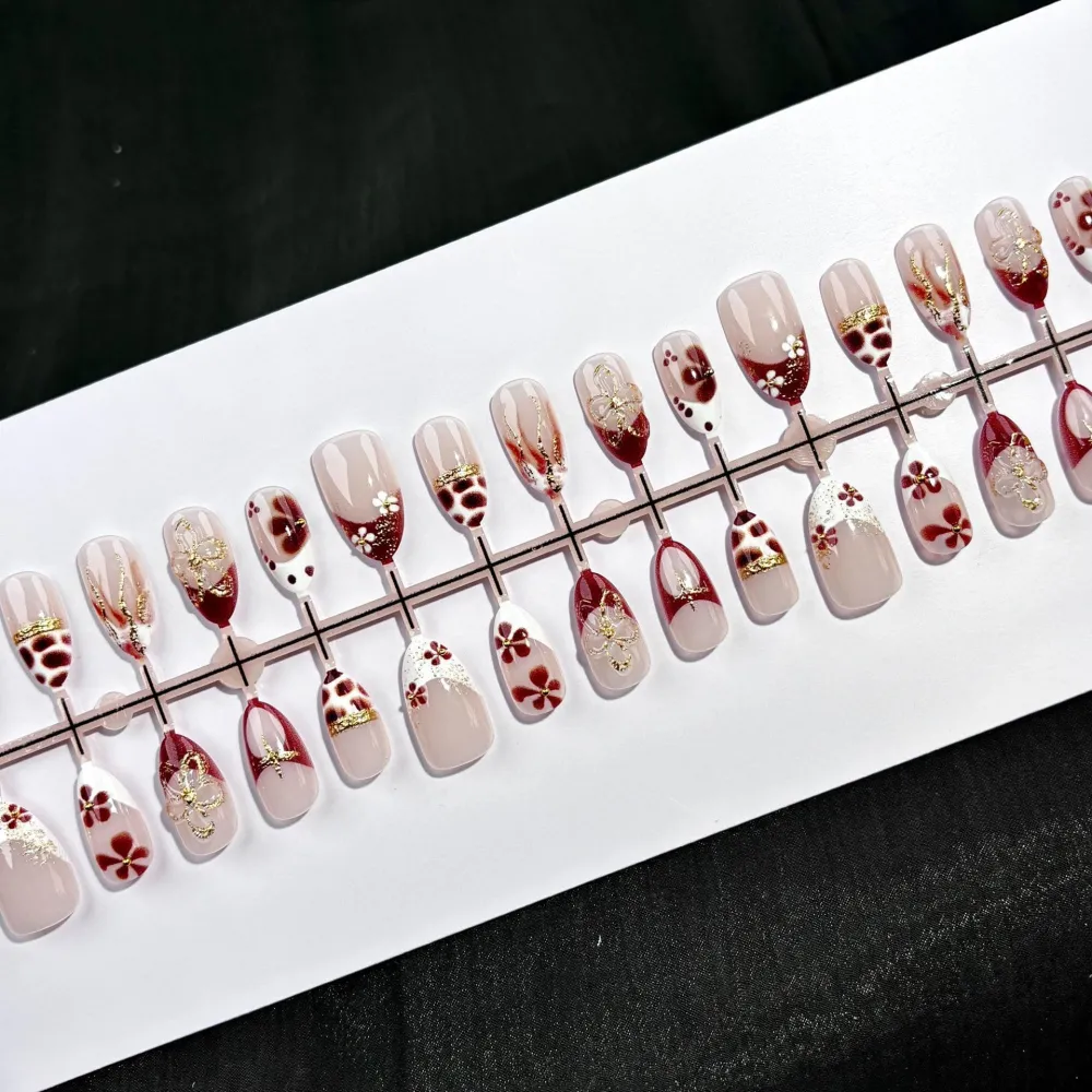 Nailhour 30Pcs Autumn French Gilded Medium Almond Press On Nails