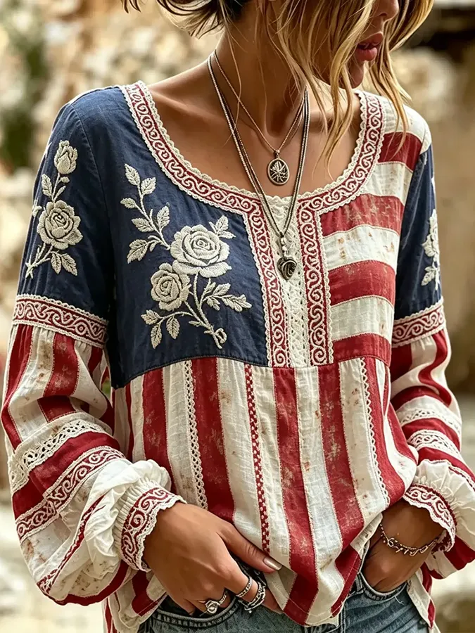 Women'S American Flag Star Printed Long Sleeve Casual Shirt