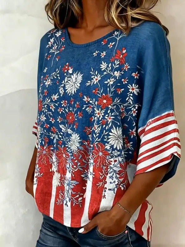 Women's Casual Round-Neck Printed Cotton-Linen Top