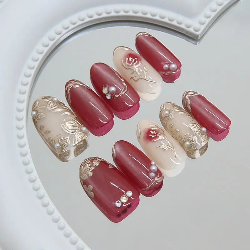 Nailhour 30Pcs Gilded Red 3D Cat Eye Medium Almond Press On Nails