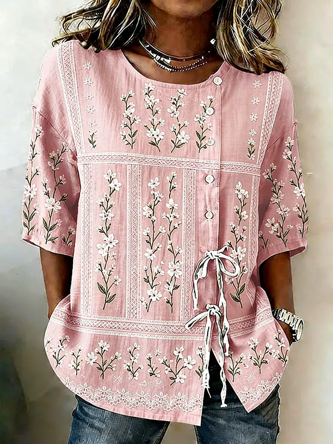 Women's casual floral cotton linen short sleeved shirt