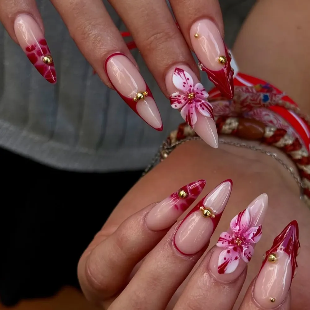 Nailhour 24Pcs Stiletto Summer Holiday Date Floral Pink Long Press On Nails
