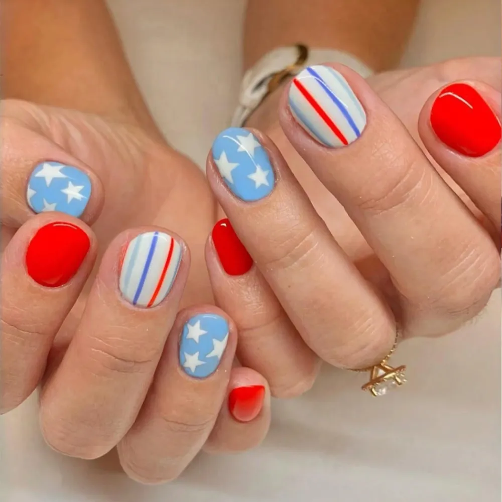 Nailhour 24pcs Red White & Blue Star Pattern Patriotic Style Fake Nails