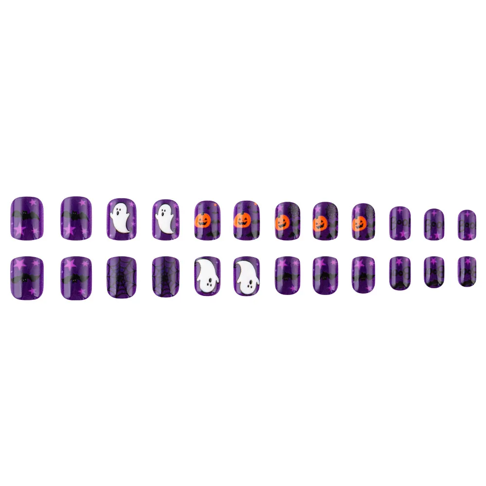 Nailhour 24Pcs Purple Square Pumpkin Ghost Halloween Press On Nails