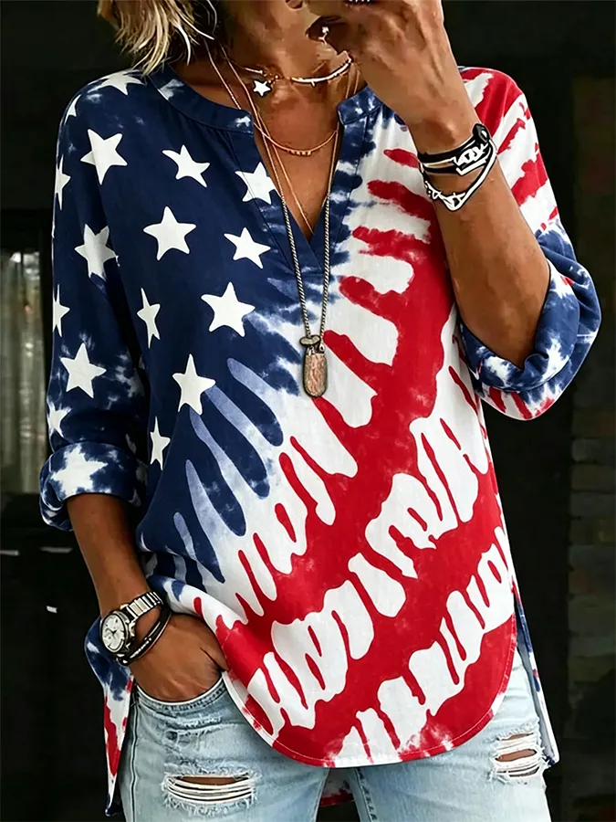 Ladies' Casual American Flag Founding Celebration Personalized Tie Dye Print V-Neck Long Sleeved Shirt