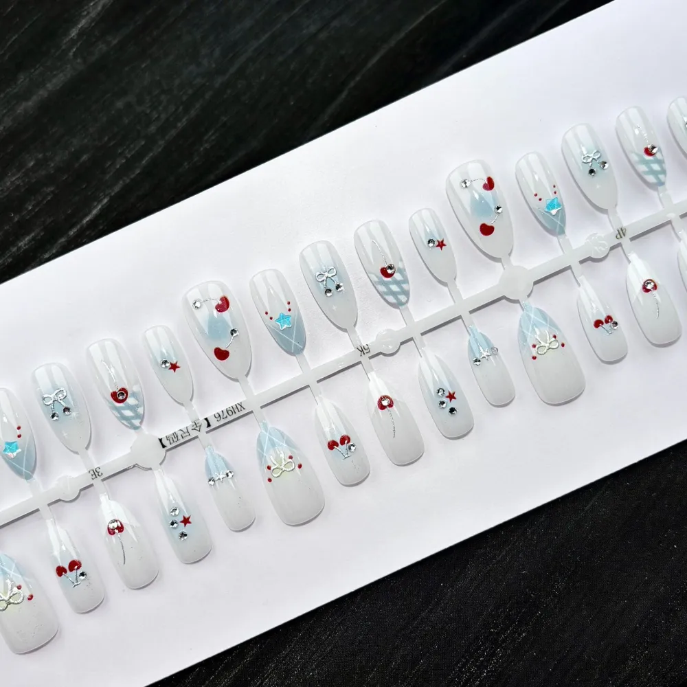 Nailhour 30Pcs Blue Cherry 3D Medium Almond French Press On Nails