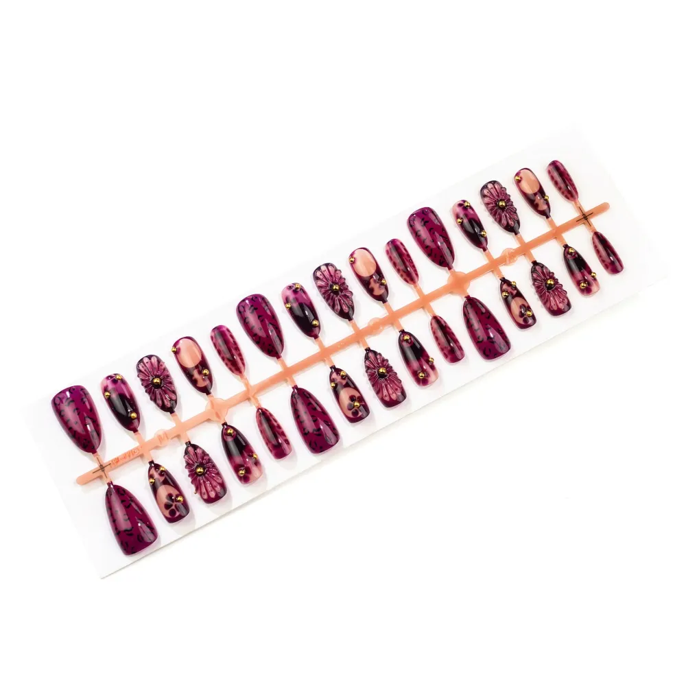 Nailhour 30Pcs Floral Purple 3D Medium Almond French Press On Nails