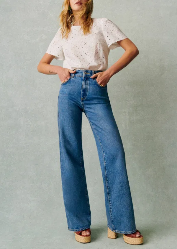 High-Rise Straight-Leg Solid Cotton Jeans