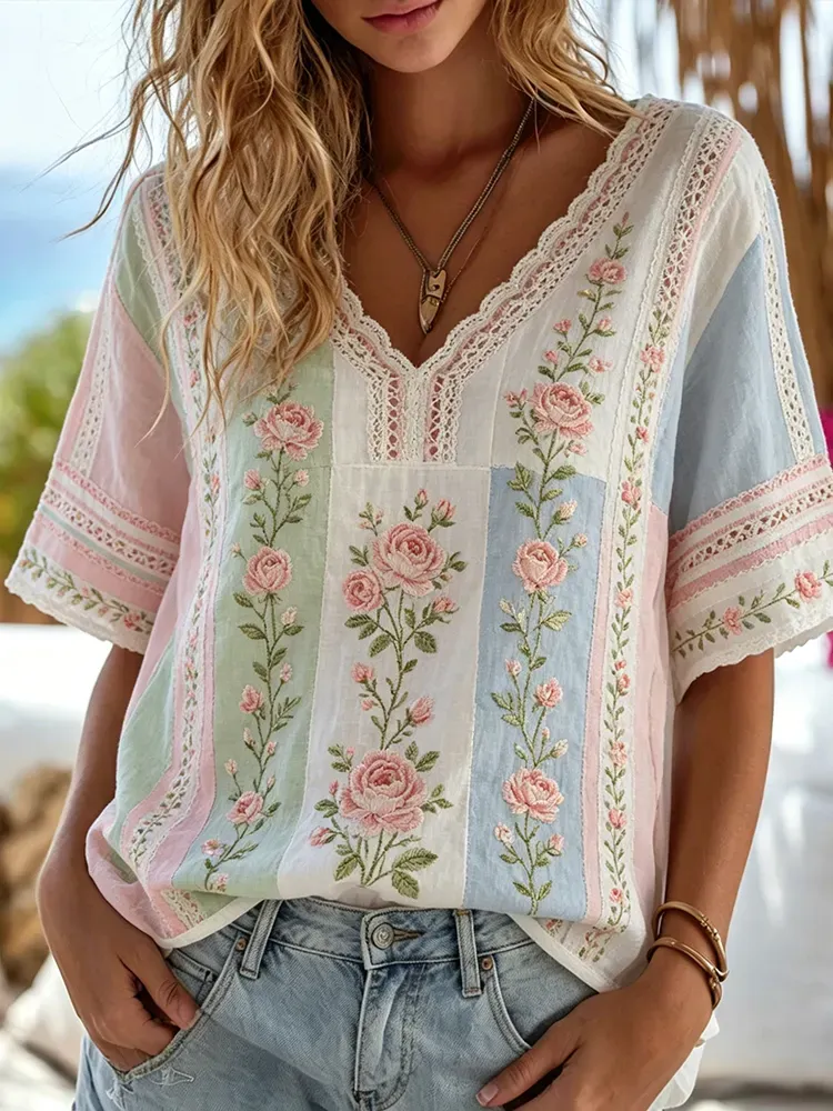 Women's V-neck lace cotton and linen top