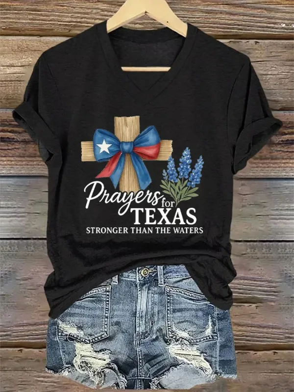 V-Neck Retro Prayers For Texas Print T-Shirt