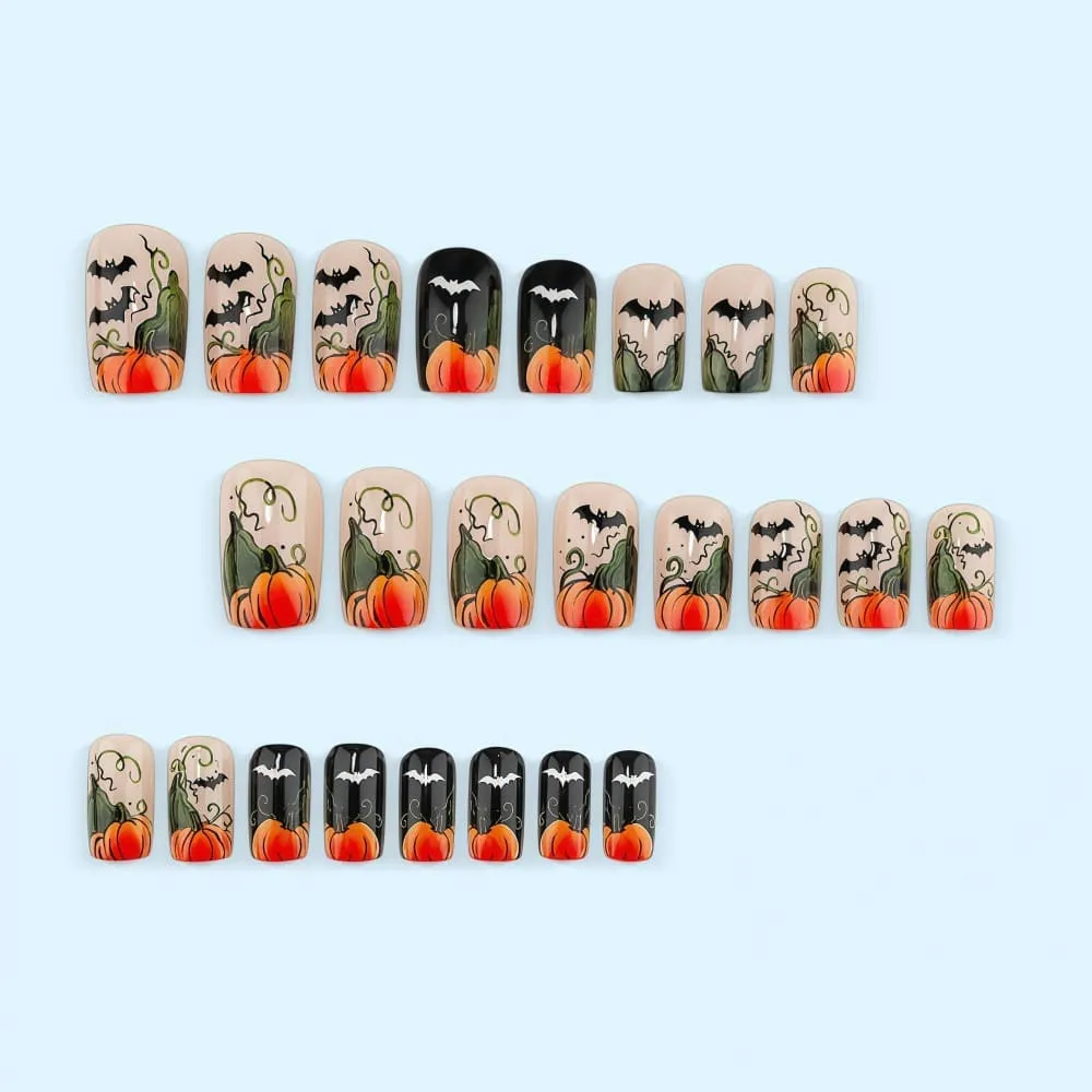 Nailhour 24Pcs Pumpkin Black and Orange Spider Halloween Short Square Press On Nails