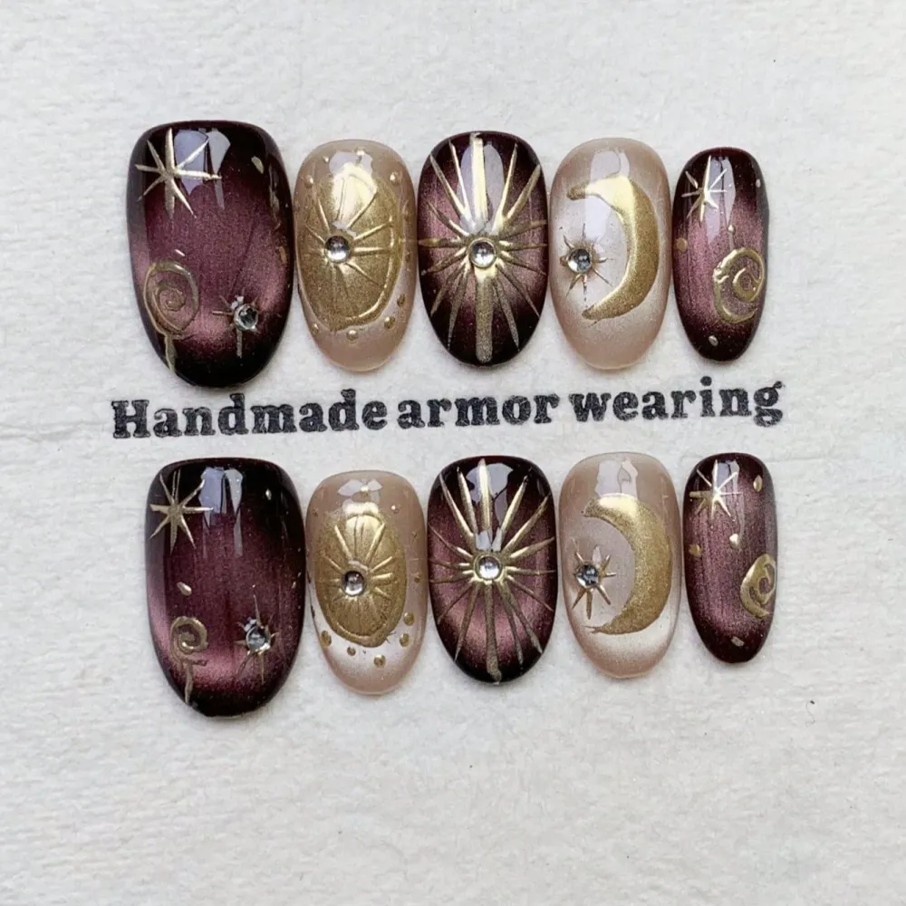 Nailhour 10Pcs Purple Gilded Cat Eye Handmade Medium Oval Press On Nails