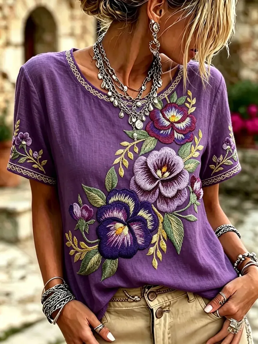 Women's Purple Floral Art Short Sleeve Linen Shirt