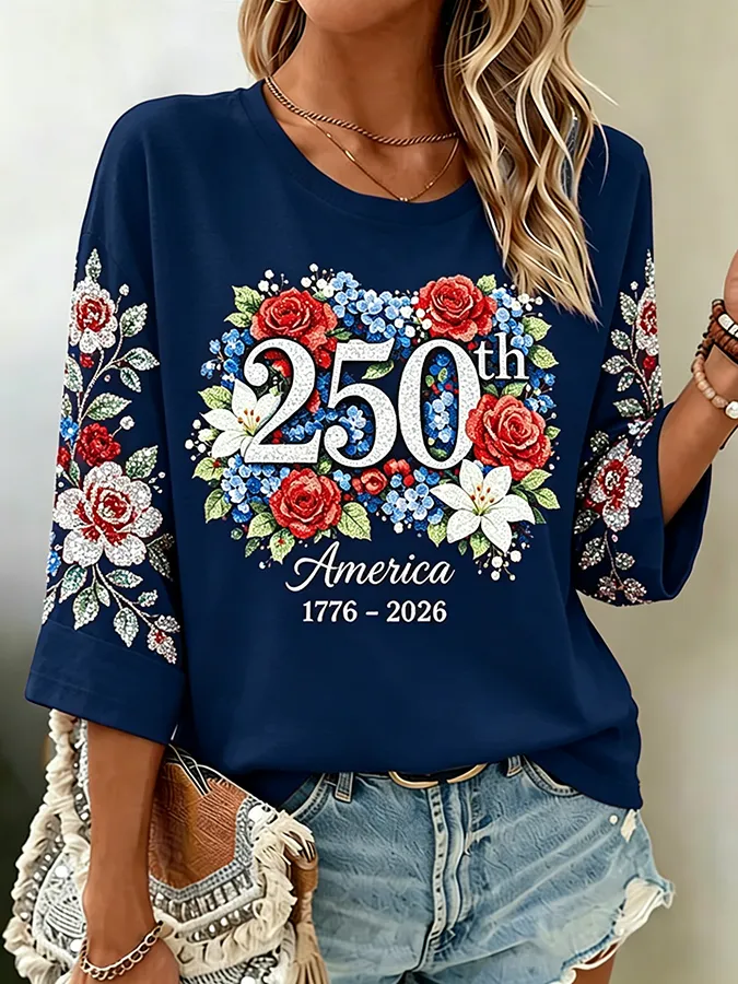 Women's America 250th Floral Glitter Print Casual Top