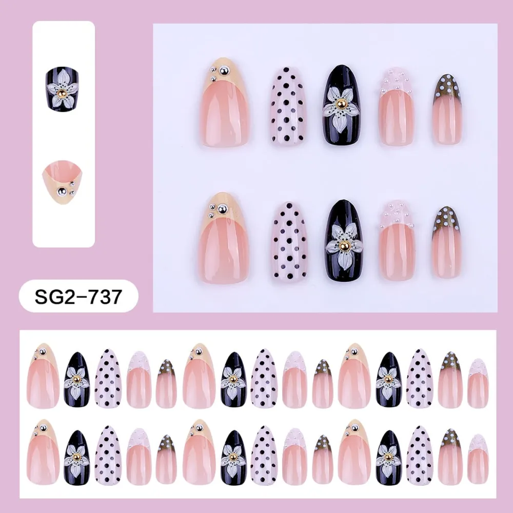 Nailhour 30Pcs 3D Medium Almond French Polka Dot Press On Nails