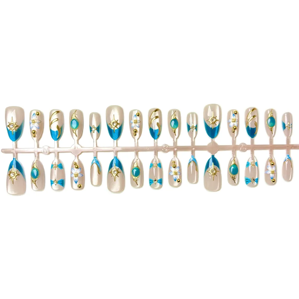 Nailhour 30Pcs Gilded Rhinestone Handmade Summer 3D Blue Floral Press On Nails