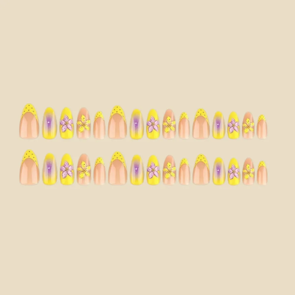 Nailhour 30pcs Yellow Medium Almond French Press On Nails