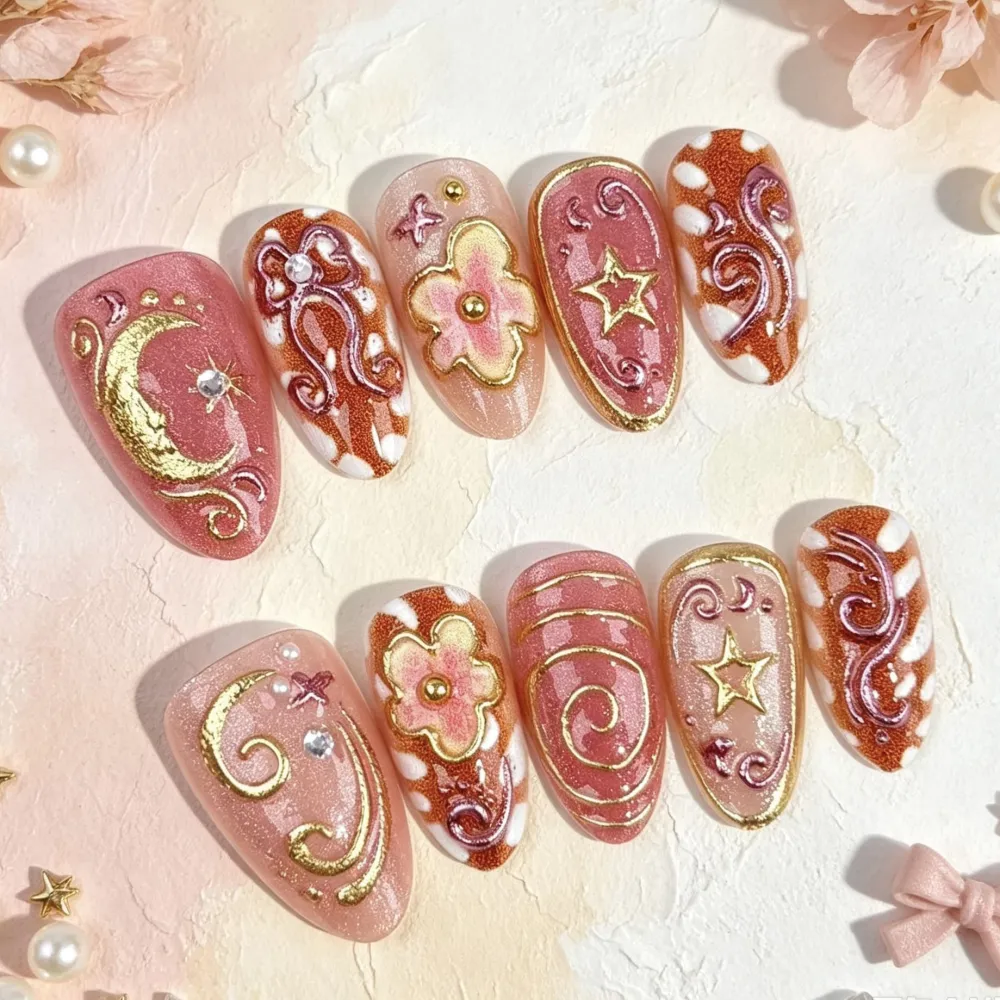 Nailhour 30Pcs Autumn 3D Medium Gilded Almond French Press On Nails